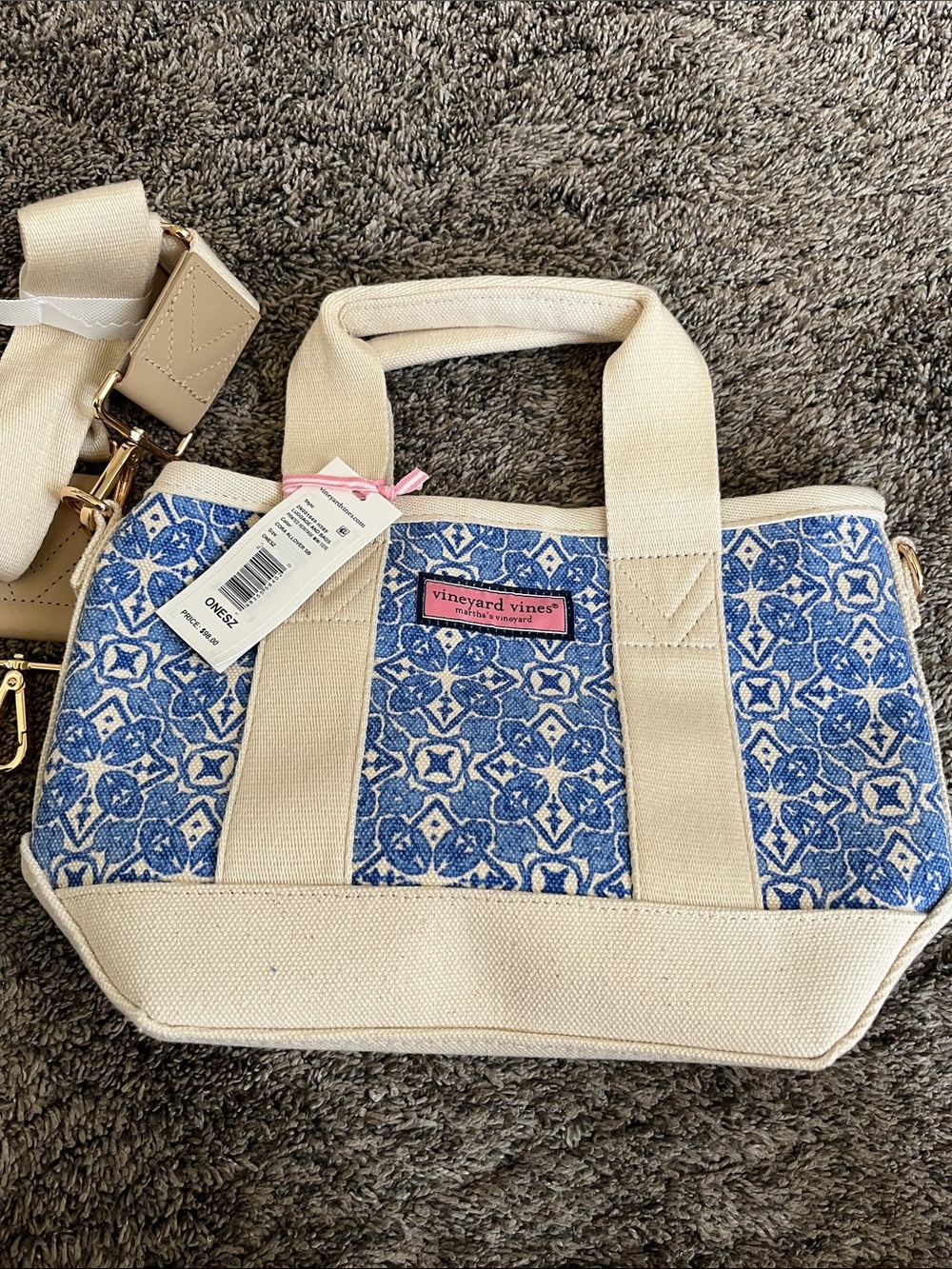 Vineyard Vines Blue Patterned small Canvas Tote with Cream Trim!  Cute.